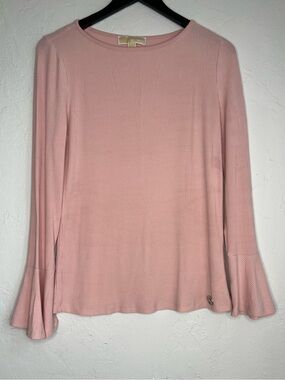 Michael Kors Pink Rib Knit Bell Sleeve Top Large Blush Boat Neck Stretch